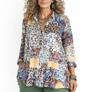For The Republic 1X  Boho Patchwork Artsy  Lagenlook Long Sleeve Tunic Blouse